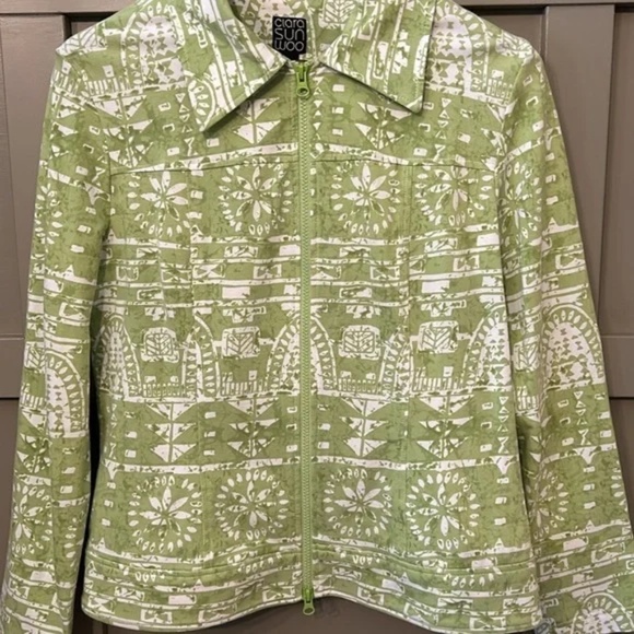 Clara Sun Woo Aztec Tribal Printed Jacket Green White Full Zip Cotton Size Large - Picture 8 of 14